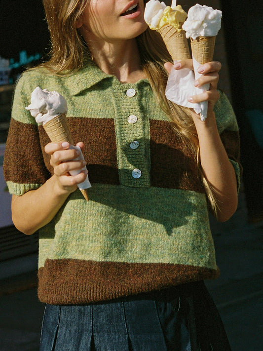 Molly Polo Sweater - Mocha/Pistachio Stripe