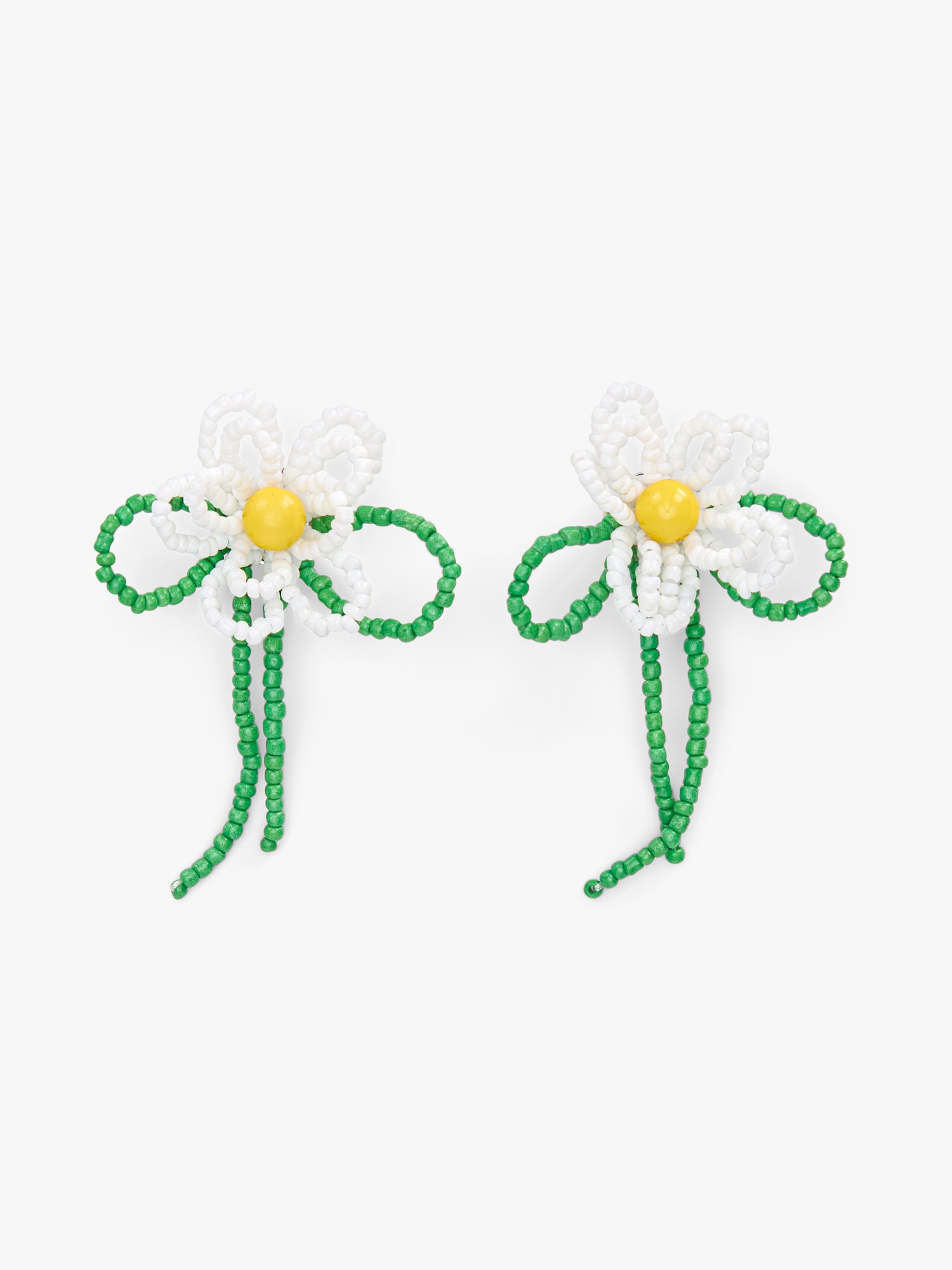 Flower Beaded Earrings - White/Green