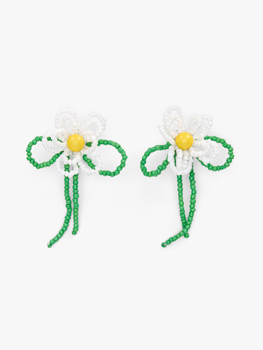 Flower Beaded Earrings - White/Green