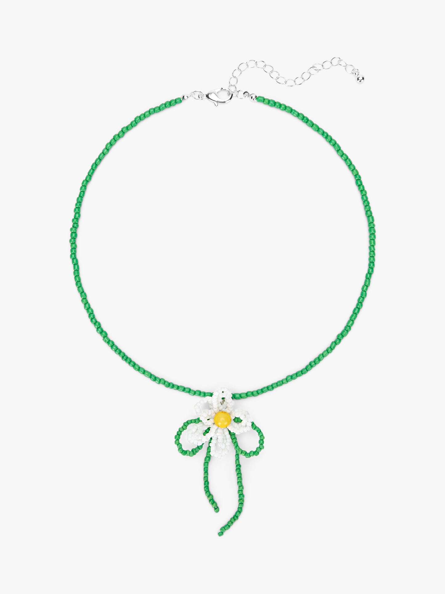 Flower Beaded Necklace - White/Green