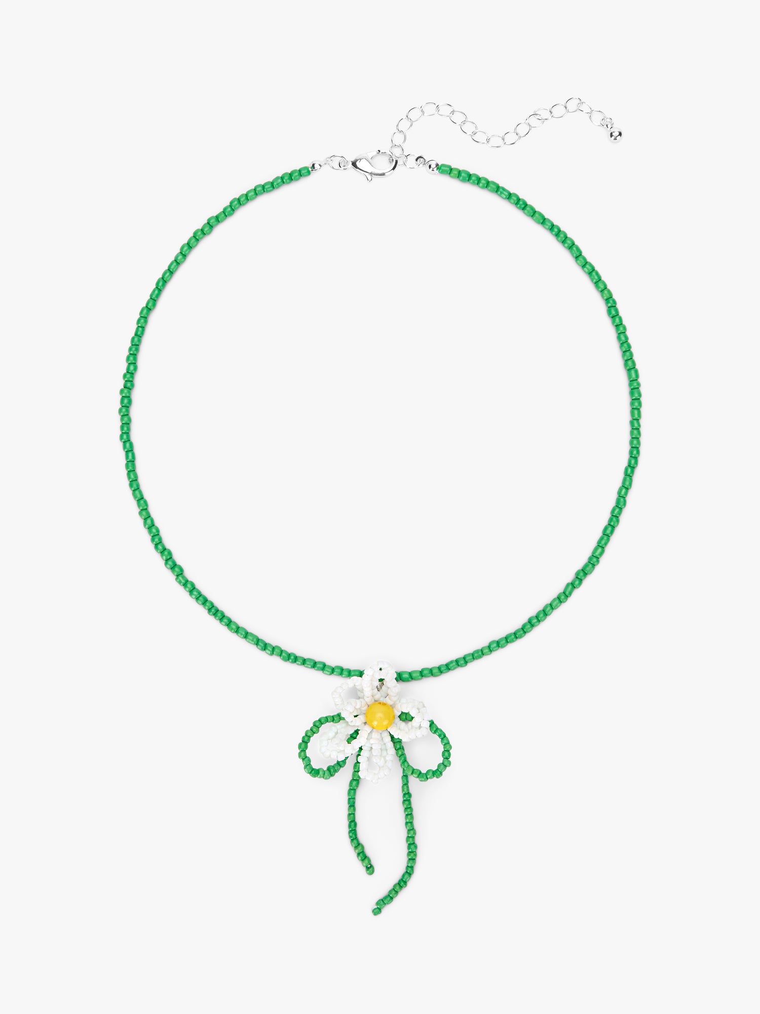Flower Beaded Necklace - White/Green