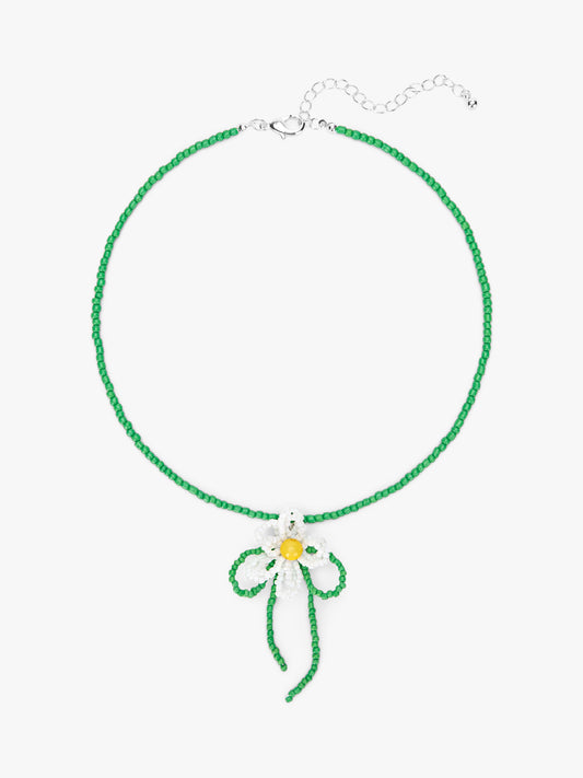Flower Beaded Necklace - White/Green
