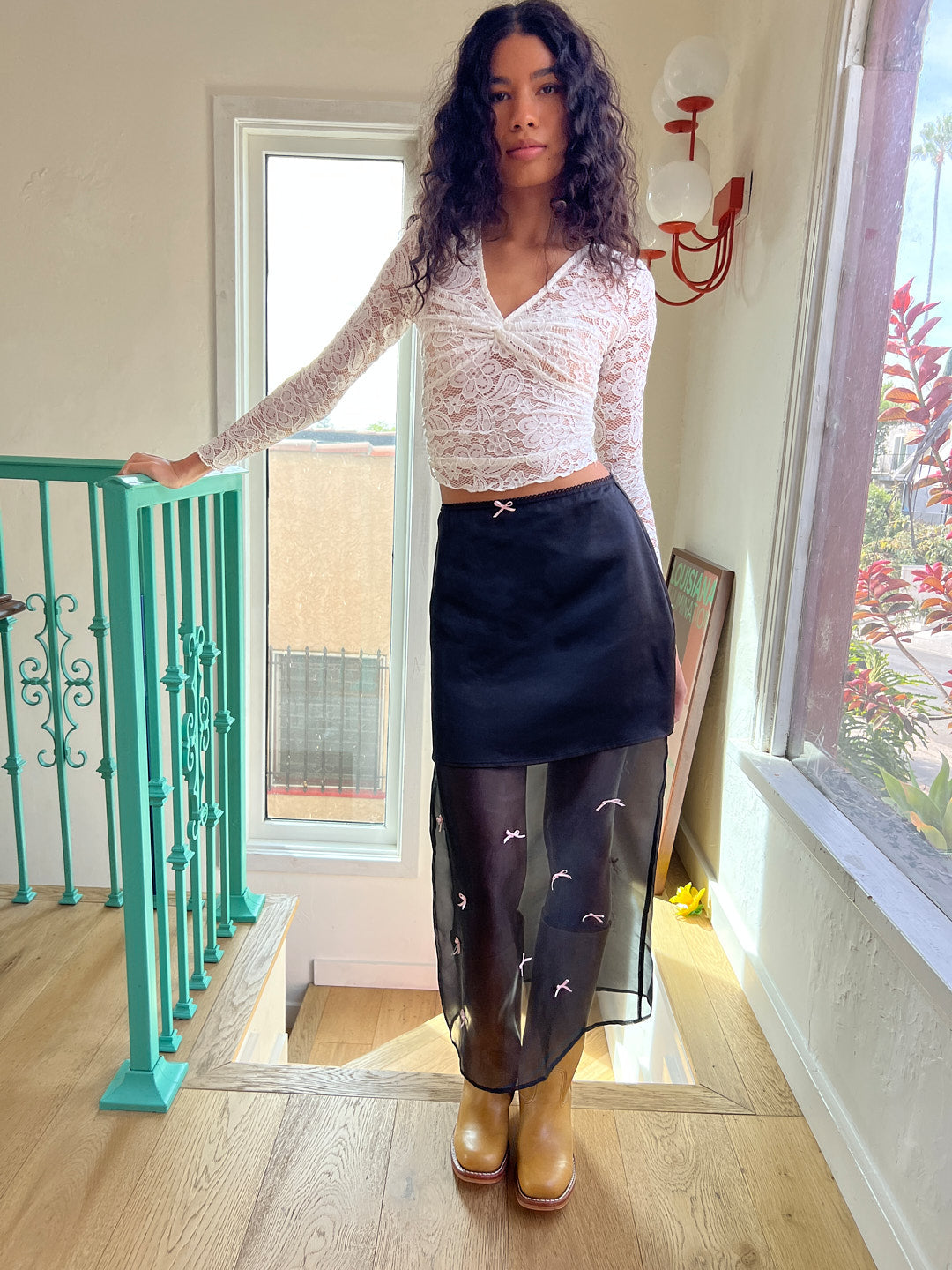 Harper Bow Tiered Skirt - Black Pink Bow