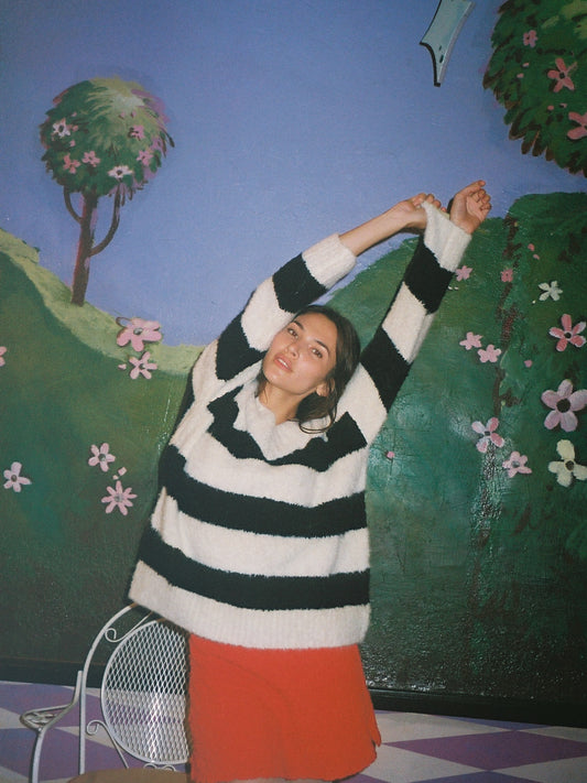 Coby V-Neck Sweater - Black/White Stripes