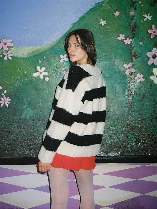 Coby V-Neck Sweater - Black/White Stripes