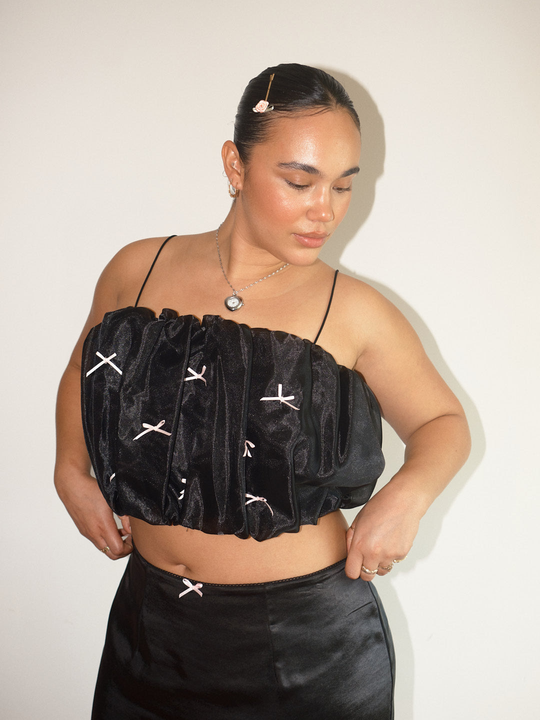 Jemma Bubble Top - Black Pink Bow