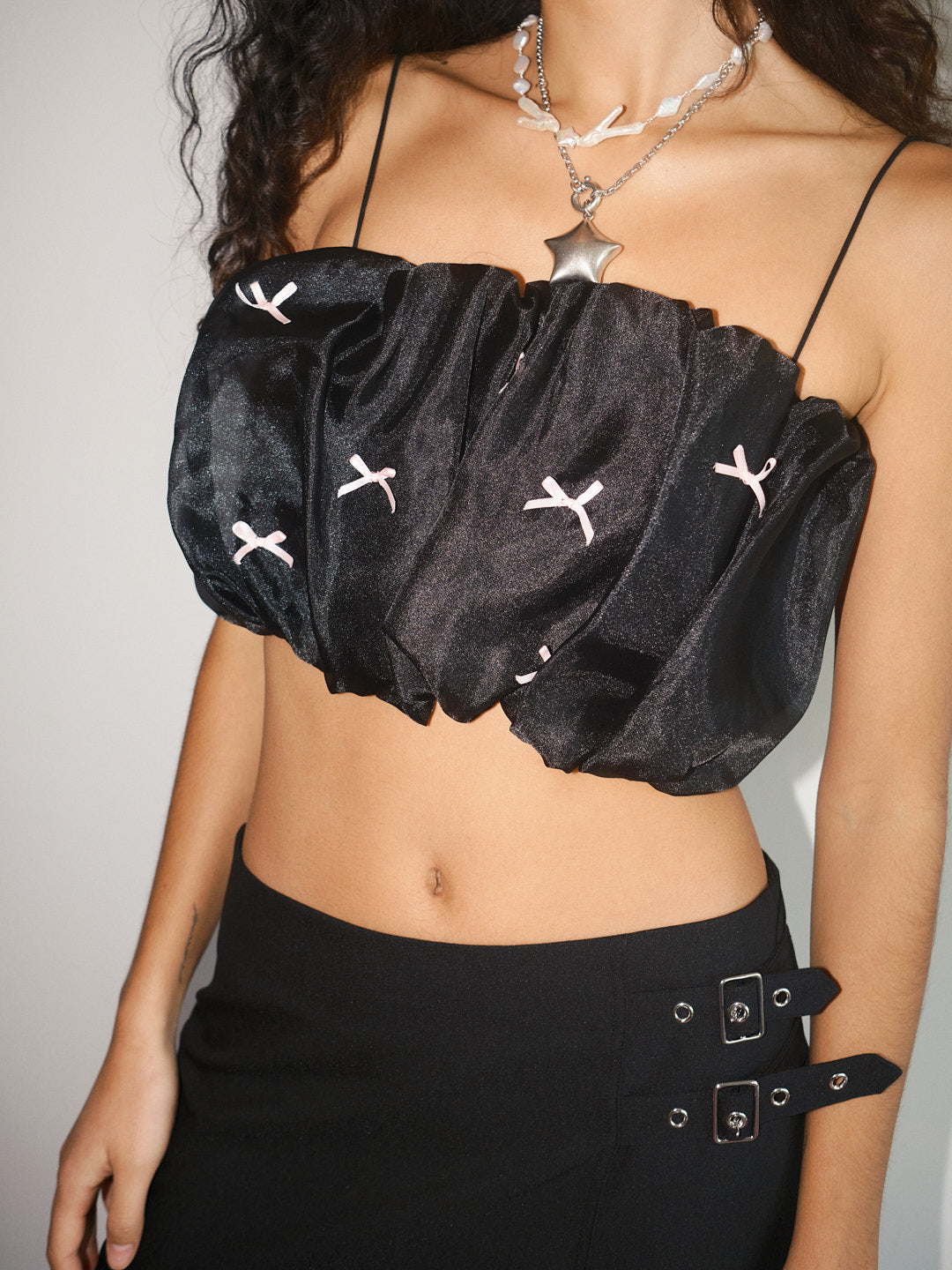 Jemma Bubble Top - Black Pink Bow