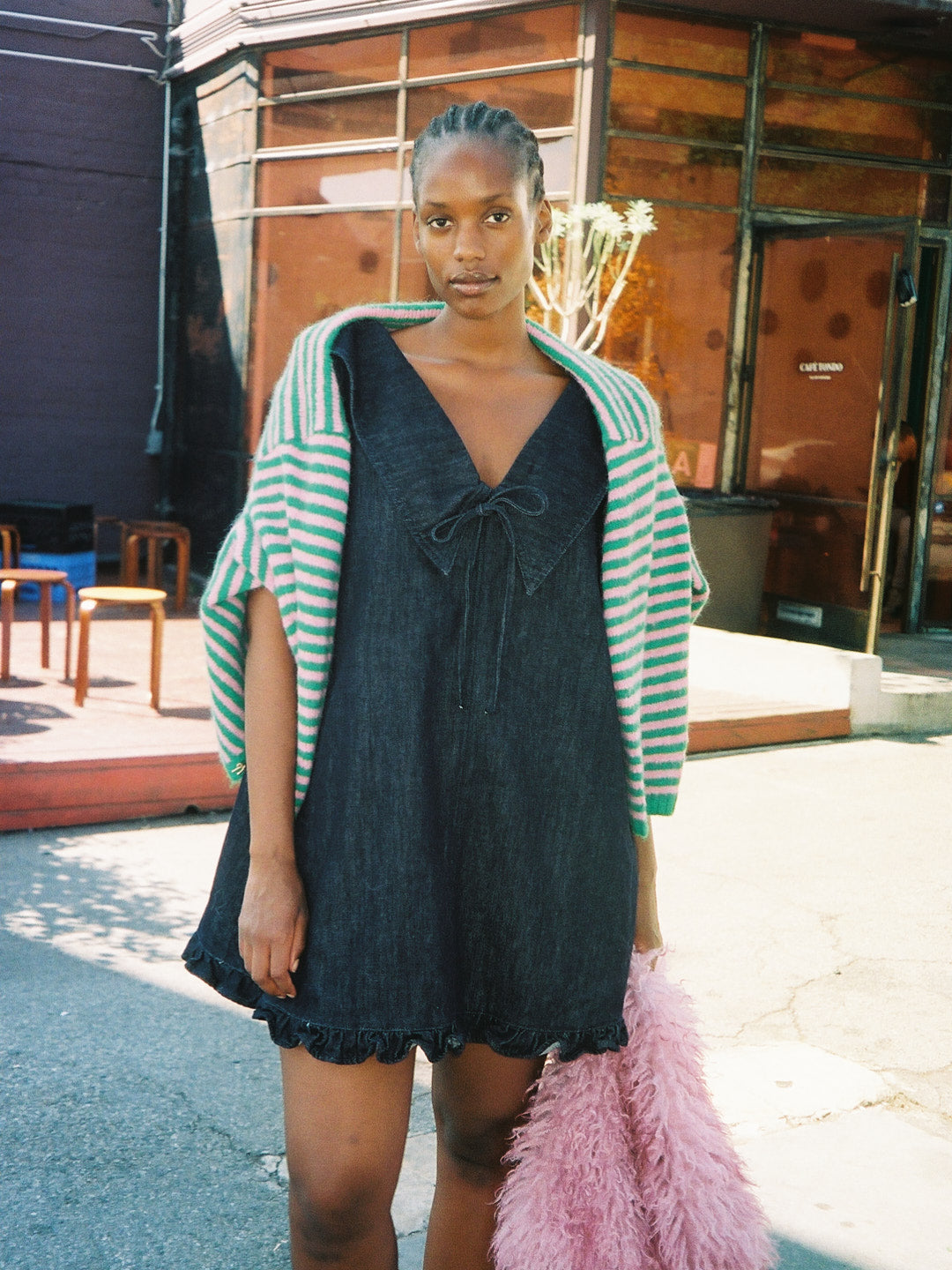 シェリエ　color scheme stitch mini dress Medium Wash Denim Elastic Strap Tiered Mini Dress | Lime Lush Boutique