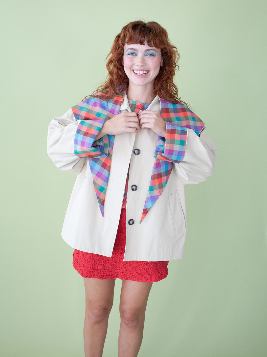 Olson Cropped Trench - Colorburst Plaid