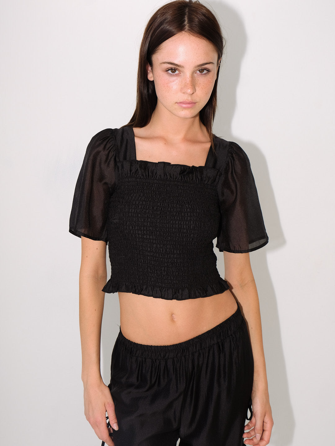 Toni Smocked Top - Black Organza