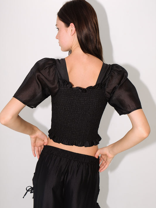 Toni Smocked Top - Black Organza