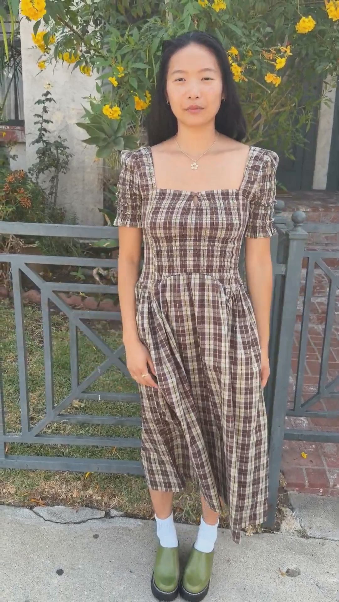 Emmy Shirred Midi Dress - Cocoa Check