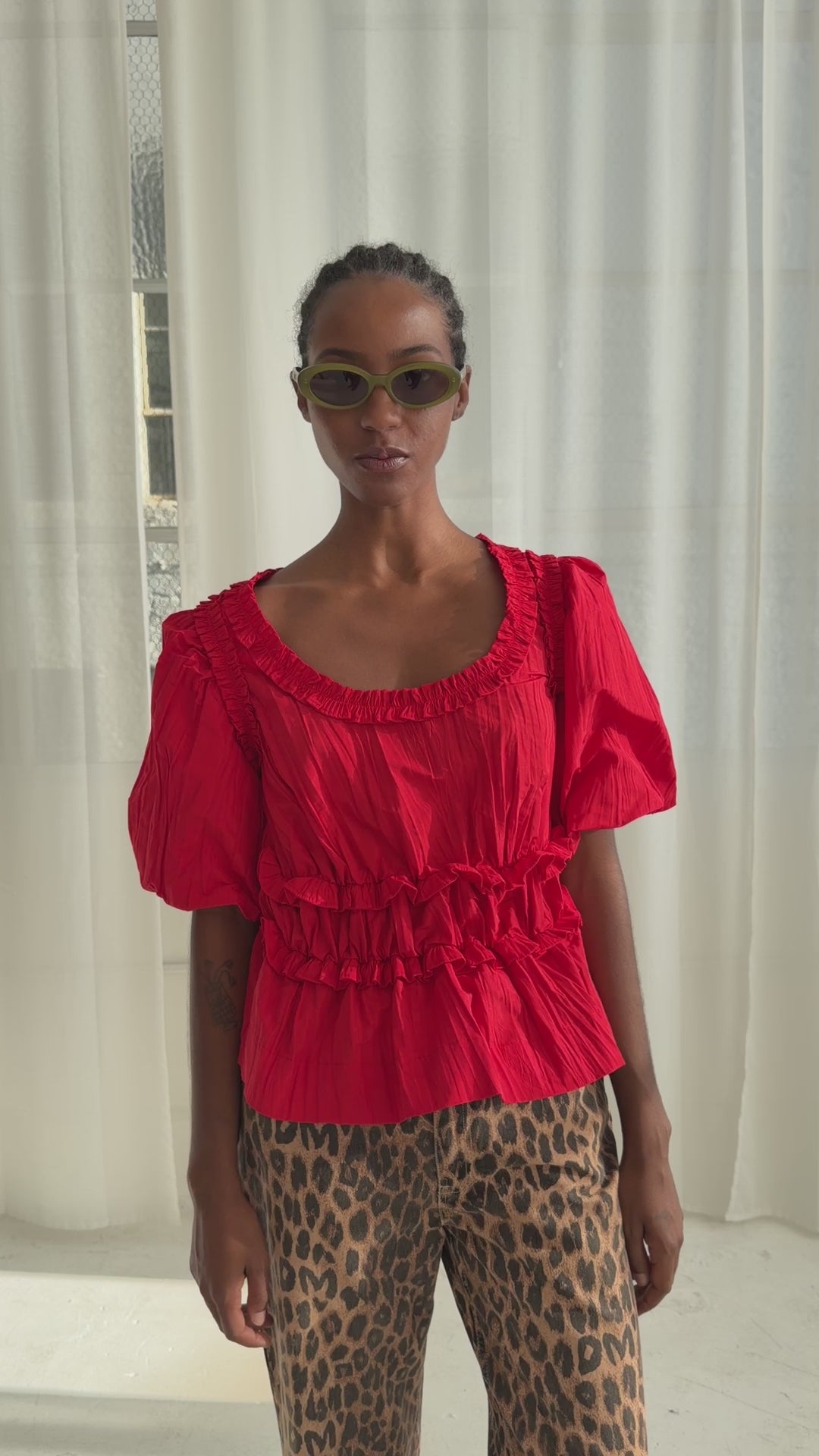 Everly Ruffle Blouse - Red Tafetta